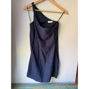 NWT Hollister Womens One Shoulder Linen Blend Mini Dress Navy Blue Small